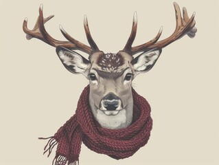 Artistic illustration of a deer with antlers, wearing a cozy red scarf. Perfect for seasonal or holiday-themed designs.