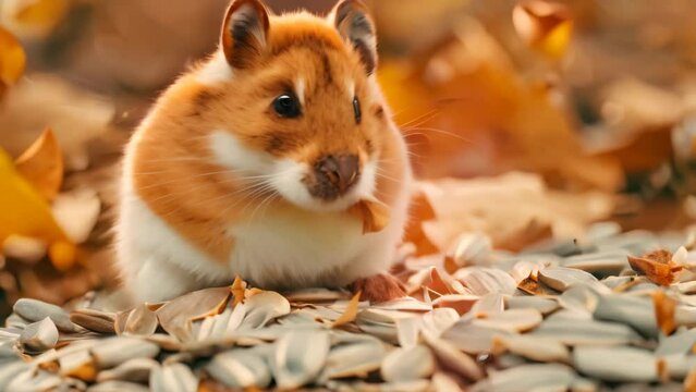 Curious hamster munching on sunflower seeds from a pile, A curious hamster investigating a pile of sunflower seeds
