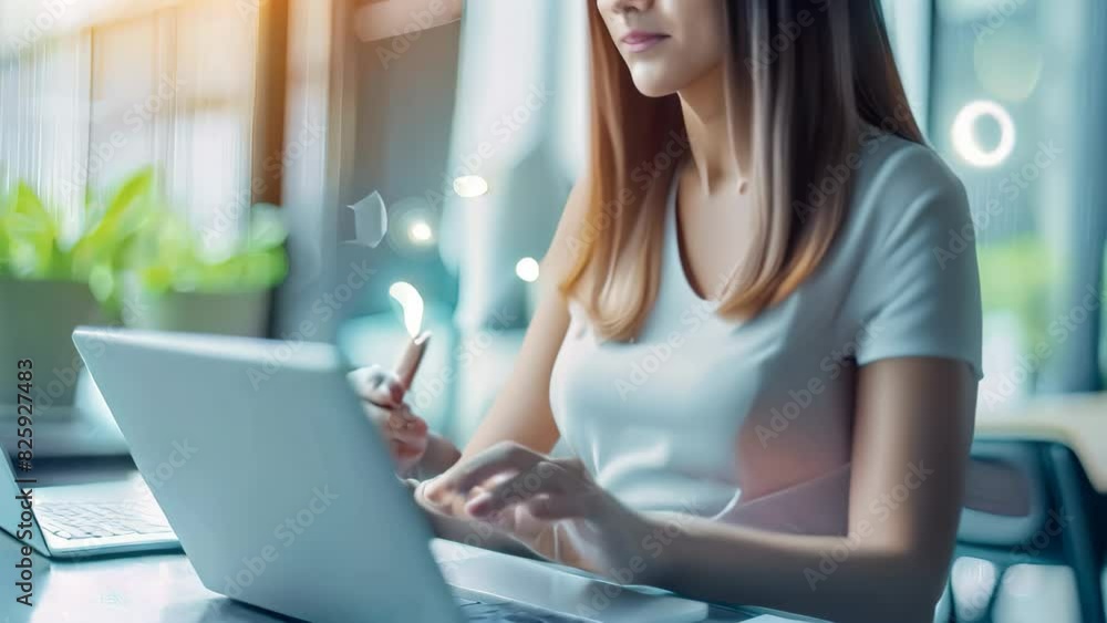 Poster a woman sitting in front of a laptop computer, interacting with a virtual assistant for business pur
