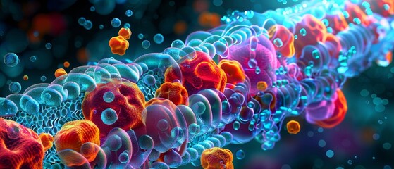 Obraz premium Vibrant molecular model of a cell membrane, detailed lipid bilayer, colorful proteins, showcasing cellular beauty