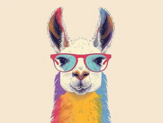 Colorful digital illustration of a llama wearing red glasses, showcasing vibrant, artistic style with a fun and quirky expression.