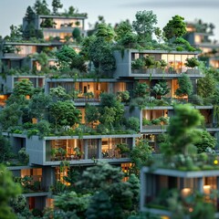Modern eco-friendly architectural design with greenery on multiple building levels, showcasing a sustainable and innovative urban solution.