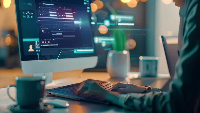 A woman sitting at a desk, focused on using a computer, A customer service representative providing troubleshooting assistance over a live chat