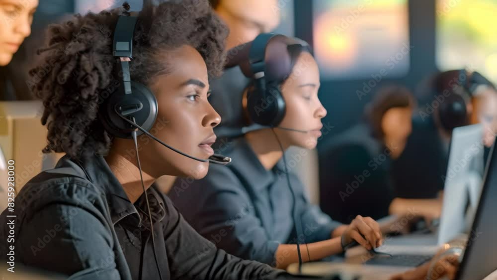 Poster a woman wearing a headset while using a laptop, a customer service team working together to resolve 
