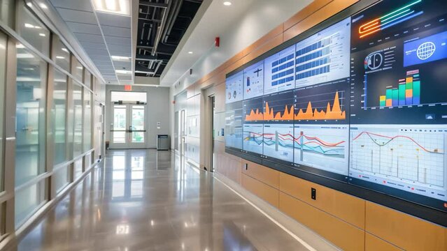Modern Hallway With Large Screen, A cutting-edge facility where city officials monitor and analyze data to improve quality of life for residents