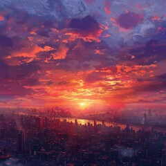 Obraz premium Stunning sunset over a city skyline with vibrant clouds and reflections on a river, creating a breathtaking urban landscape.