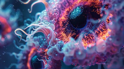 Surreal microbe-inspired digital artwork, abstract forms with eye-like elements, eerie and fascinating, glowing bioluminescent colors