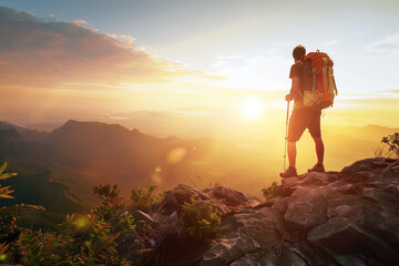 Fototapeta premium Hiker Standing on Mountain Peak at Sunset.