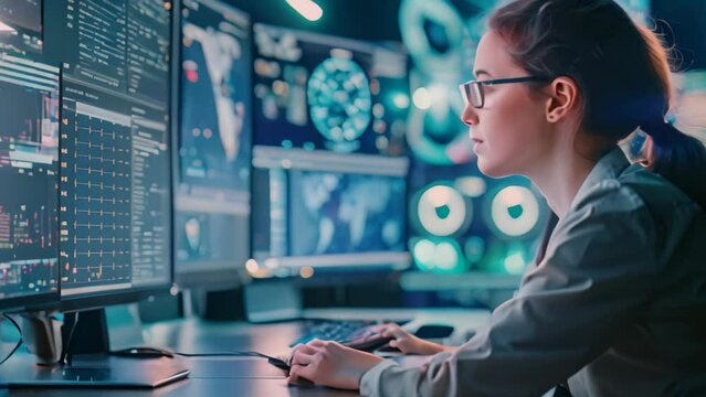 A woman sitting in front of a computer screen, focused on her work as a cyber resilience specialist, A cyber resilience specialist developing strategies to recover from cyber attacks