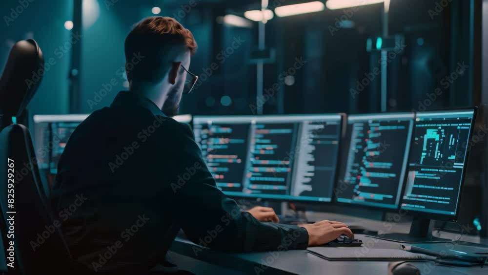 Poster a man sitting at a desk, analyzing data on a computer as a cyber risk analyst, a cyber risk analyst 