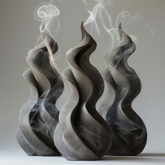 Intricate abstract sculptures with swirling shapes and smoke effects creating a mysterious and artistic atmosphere.