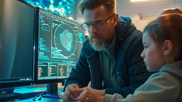 A man and a woman are focused on a computer screen in a cybersecurity class, A cybersecurity educator teaching students about online safety