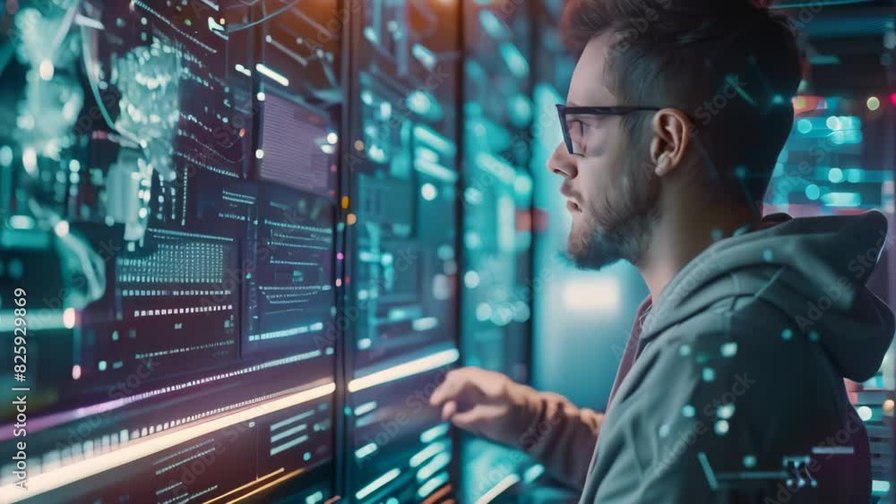 Poster cybersecurity engineer in hoodie intensely studying data on computer screen, a cybersecurity enginee