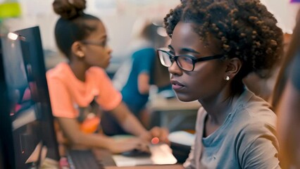 Group of children engaged in learning activities on computers in a classroom, A cybersecurity educator teaching students about online safety - Powered by Adobe