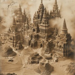 Intricate sandcastle resembling a palace, with multiple towers and ornate details, constructed on a sandy beach.
