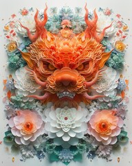 Intricate paper art featuring a vibrant dragon head surrounded by colorful flowers, showcasing detailed craftsmanship and stunning design.