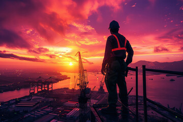 Fototapeta premium A man in a safety vest stands on a building overlooking a city with a beautiful