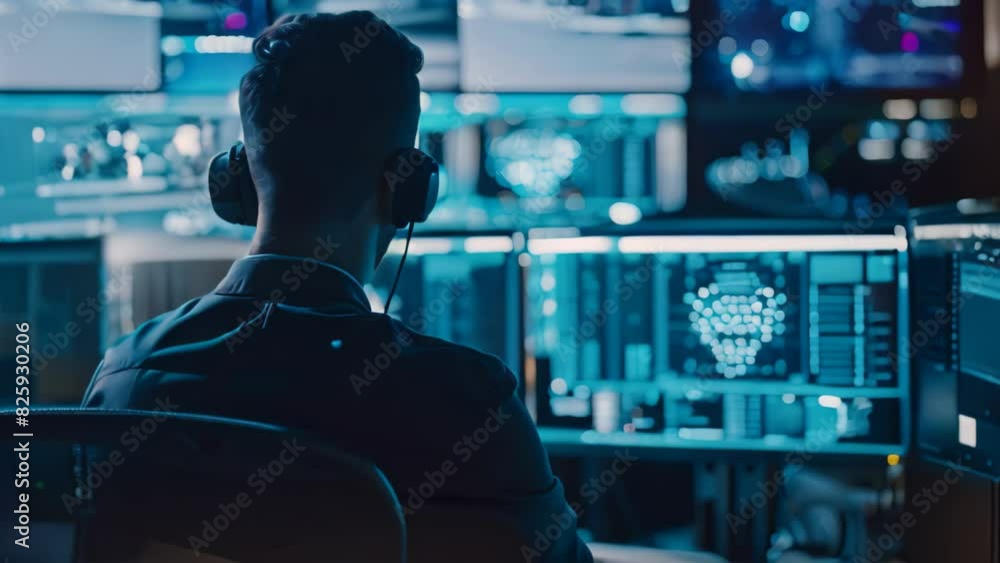 Poster man in headset presents cyber security on computer, a cyber security expert giving a presentation on