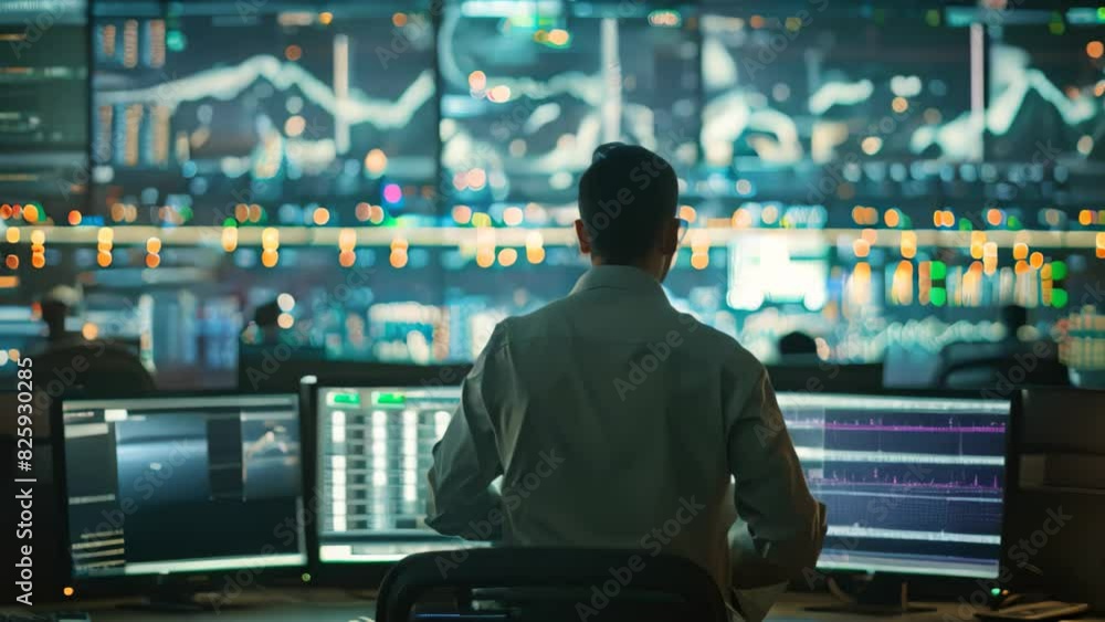 Poster a cybersecurity expert focused on monitoring network traffic on three computer monitors at a desk, a