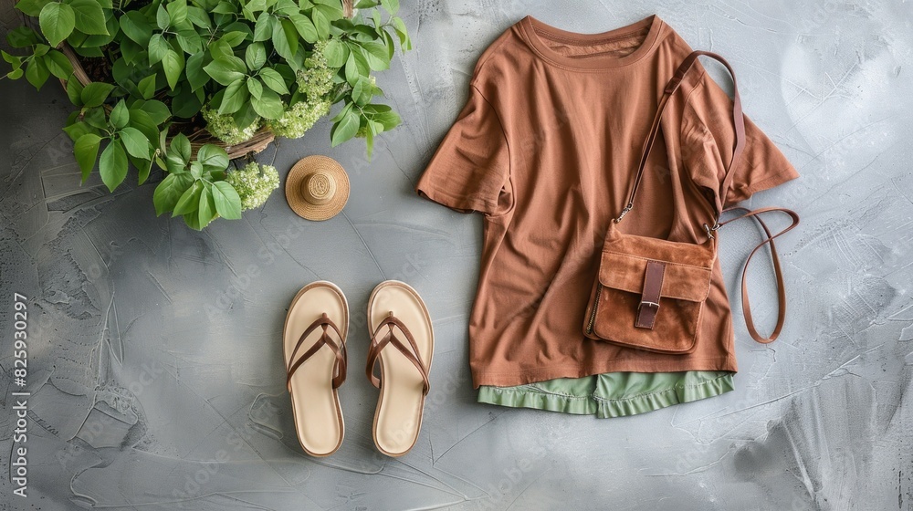 Wall mural a woman's outfit is laid out on a table, including a brown shirt, a brown purse