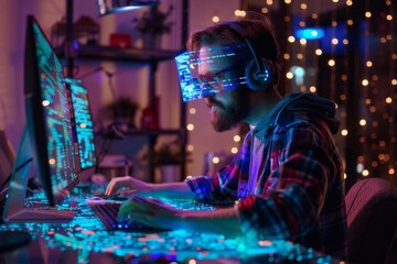 Man wearing virtual reality headset working on futuristic computer technology in dark room with neon lights and code on screen.