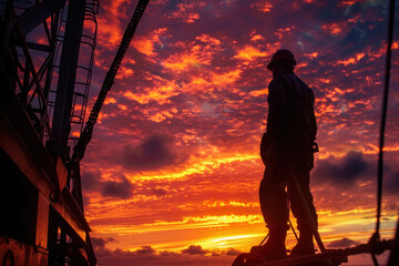 Fototapeta premium A man stands on a platform overlooking the ocean at sunset