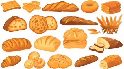 Modern illustration of rye wheat and whole grain bread products including croissants, baguettes and rolls isolated on white.