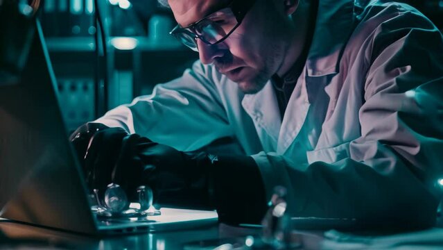 A man is focused on his laptop screen, working diligently in a lab setting, A cybersecurity forensics expert collecting evidence for a legal case