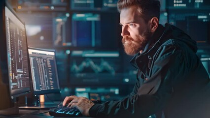 A man sitting at a desk while using a computer for work or research, A cyber security lawyer advising clients on legal ramifications of data breaches