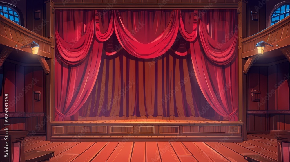 Poster animated 2d theater stage with red curtains, decorations, and spotlights. parallax slidescroll moder