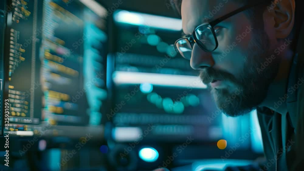 Poster a man wearing glasses is focused on analyzing lines of code on a computer screen, a cybersecurity pr