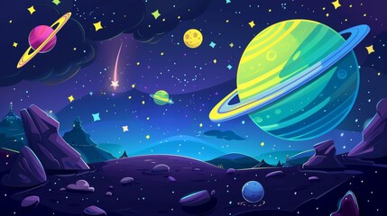 Cartoon spacescape with planets, stars, and moons. Modern illustration of a space scene.