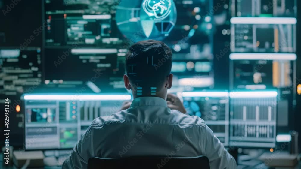 Poster a man sitting at a desk, analyzing cybersecurity threats on multiple computer monitors, a cybersecur