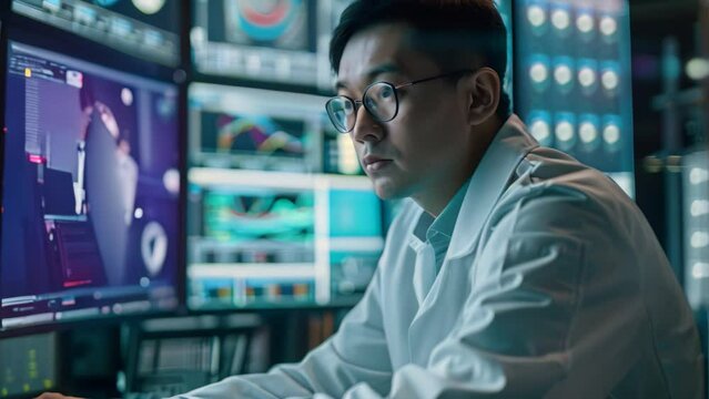 A man in a lab coat studying the latest malware on a computer, A cybersecurity researcher studying the latest malware threats