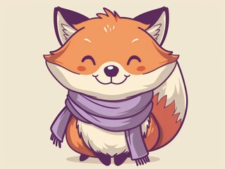 Cute fox illustration wearing a scarf, smiling happily. Perfect for children's books, design projects, and more.