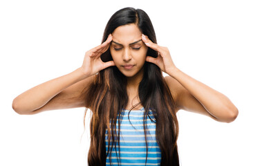 Fototapeta premium Collage student, headache and stress in studio with pain, fatigue and anxiety for scholarship or university. Gen z, woman and mental health or fear by white background for failure and school work