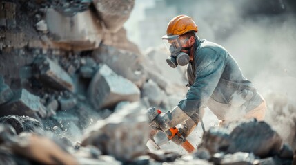 A worker is seen wearing protective glasses and a face mask while using a jackhammer to break apart rocks following proper safety measures to avoid dust and debris inhalation.