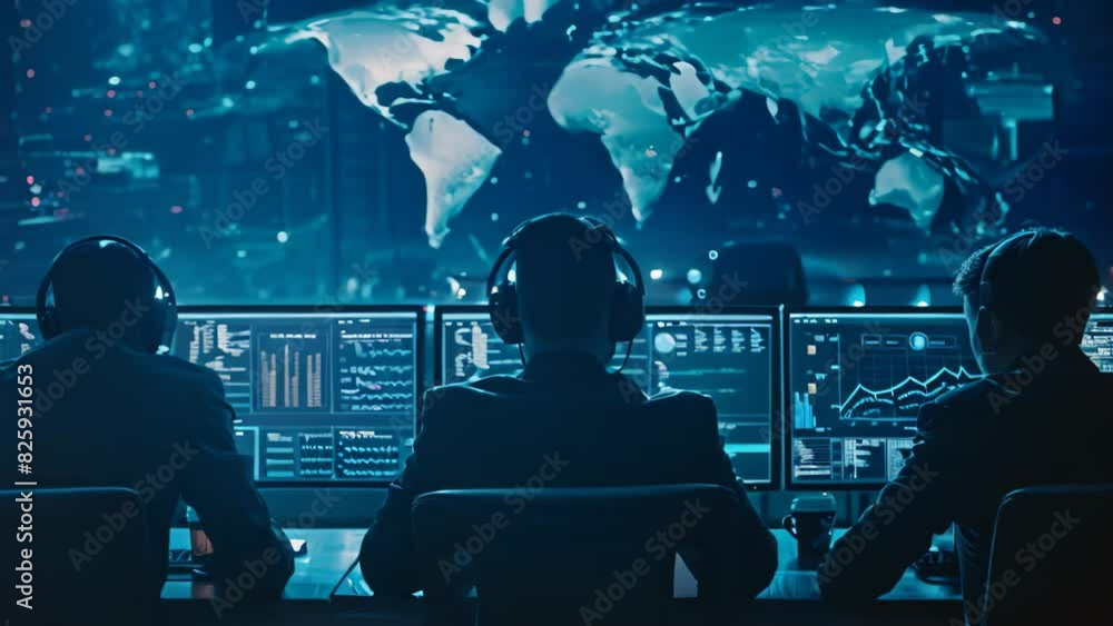 Poster a group of people analyzing data on computer monitors, working together to respond to a cybersecurit