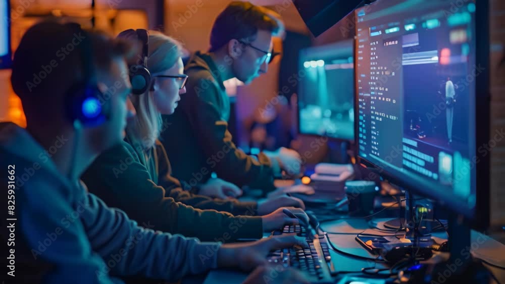 Poster group of individuals sitting together, examining data on a computer screen to respond to a cybersecu