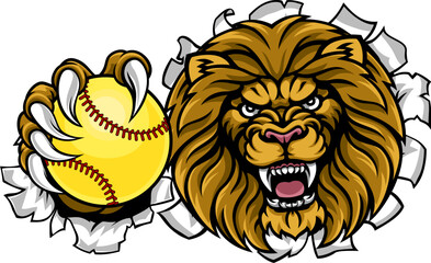 A lion animal softball sports team cartoon mascot