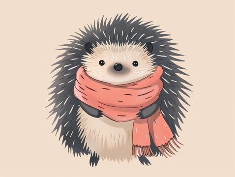 Cute hedgehog illustration wearing a cozy, orange scarf, against a beige background, perfect for autumn and winter-themed designs or kids' products.