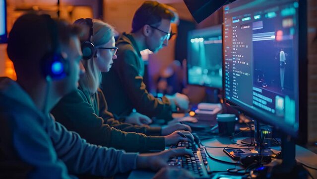 Group of individuals sitting together, examining data on a computer screen to respond to a cybersecurity incident, A cybersecurity team responding to a cyber incident in real time
