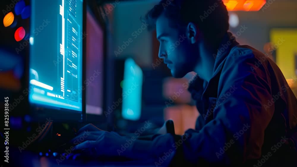 Poster a man is focused on his computer screen, analyzing data and searching for signs of malicious activit