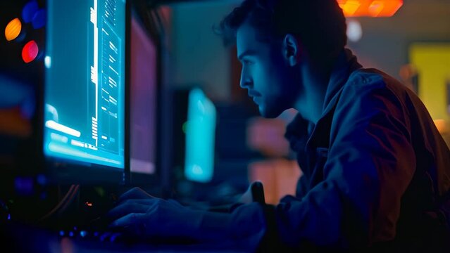 A man is focused on his computer screen, analyzing data and searching for signs of malicious activity, A cyber threat hunter searching for signs of malicious activity