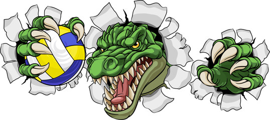 An alligator, crocodile or dinosaur volleyball animal sports mascot holding a volley ball in his claw © Christos Georghiou