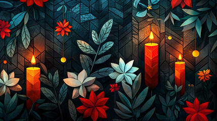 Geometric shapes in dark, subdued colors forming a respectful backdrop, with stylized icons of candles, flowers, and a memorial wreath