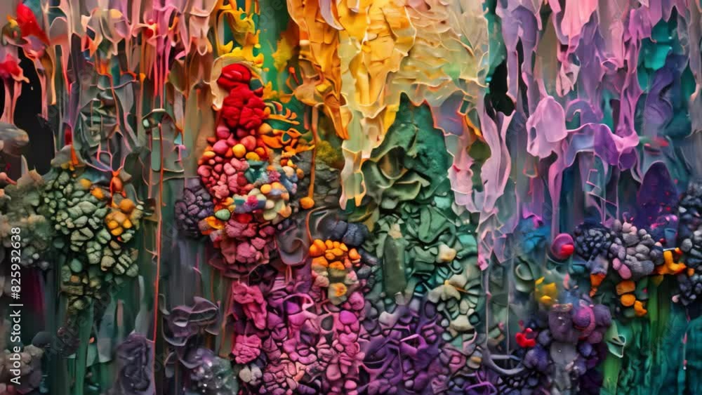 Poster multicolored paint swirls and blends on canvas in an abstract composition, a dazzling and enchanting