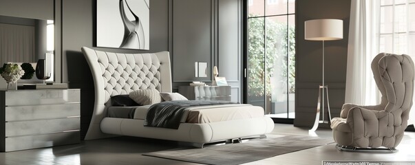 A contemporary bedroom with walls in a muted