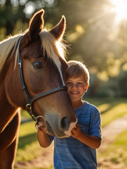 Obraz premium Portrait of happy little boy with a horse on a nice summer day. Interacting with horses encourages emotional bonding and can help children develop trust, empathy, confidence and help reduce anxiety