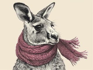 Illustrated kangaroo with a cozy red scarf, detailed artistic sketch with soft colors and textured fur.